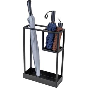 MyGift Modern Black Metal Entryway Umbrella Rack with Geometric Design, 13 x 5-inch Wide Rectangular Freestanding Cane Umbrella Holder with Shelf for Small Umbrellas and Bottom Drip Catch Tray