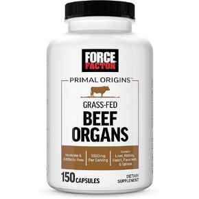 FORCE FACTOR Primal Origins Beef Organ Supplement Made with Pasture-Raised, Grass Fed Beef & 5 Beef Organs Including Beef Liver, Kidney, Heart, Pancreas, & Spleen, Hormone Free, Non-GMO, 150 Capsules