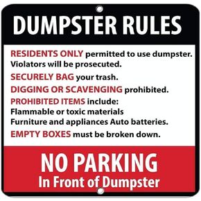 Warning Sign Dumpster Rules Residents Only Violators Will Be Prosecuted Road Sign Business Sign 12x12 Inches Aluminum Metal Tin Sign