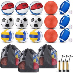 Leyndo 18 Pcs Bulk Sport Balls Set Basketball Football Volleyball Soccer Playground Ball Baseball Outdoor Sport Equipment Full Size with Sports Ball Bag Pump for Youth Adults Sport Gift