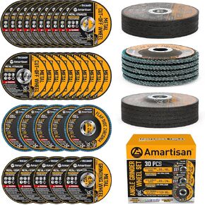 AMARTISAN 30-Pack Angle Grinder Wheels & Flap Discs 4-1/2" Inches - 20 Pack 4.5"x1/4"x7/8" Cut off Wheels, 5 Pack 4.5"x7/8" 80 Grit Flap Discs, 5 Pack 4.5"x3/64"x7/8" Grinding Wheels ﻿