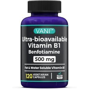 VANI 500MG Benfotiamine with B1, 5X Time Fat & Water Soluble Thiamine B1 Supplement – Third Party Tested, No Gluten (120 Capsules)