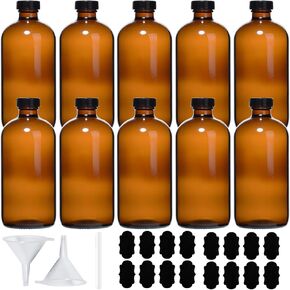 8 oz Amber Glass Bottle,12 Pack Brown Boston Round Sample Bottles with Black Caps,Labels and Funnels