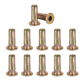 1/4-20 Multi-Grip Rivet Nuts, 6pcs Pre-Bulbed Shank Flat Head Threaded Insert Nut Gold Zinc Plated Finish Carbon Steel Plus Nuts Construction Fasteners for Industrial
