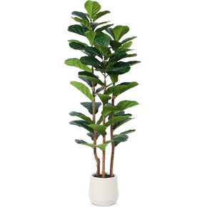 Artificial Fiddle Leaf Fig Tree with White Planter, 6ft Tall Fake Tree with Natural Wood Trunk for Home Decor, Faux Ficus Tree Fake Moss for Indoor Office Living Room