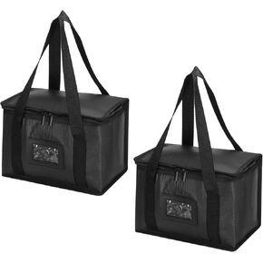 PATIKIL 16.9"x11"x12.2" Insulated Reusable Grocery Bag, Food Delivery Insulated Cooler Tote Bag with Zipper/Clear Card Slot Collapsible for Hot Cold Transport Shopping, Black