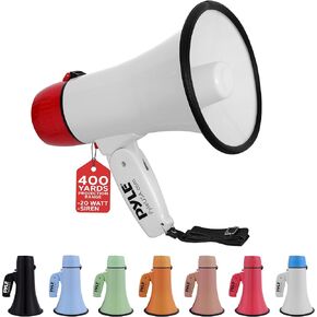 Pyle 20W Megaphone Bullhorn - Portable, Automatic Siren & Adjustable Volume,Projection Range Up to 400 Square Yards, Aux Input, Talk, Siren, Music, Whistle, & Record, Shoulder Strap (White-Red)