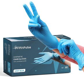 قفازات FifthPulse زرقاء للاستعمال مرة واحدة، عدد متوسط ​​100 قطعة - قفازات الفحص الطبي من النتريل الصناعي - خالية من اللاتكس، خالية من المساحيق - قفازات جراحية، منزلية، تنظيف، وطعام - سمك 3 مل