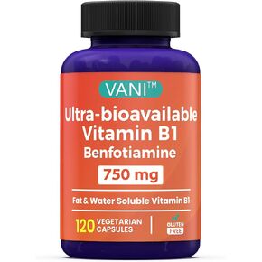 VANI 750MG Benfotiamine with B1, 5X Time Fat & Water Soluble Thiamine B1 Supplement – Third Party Tested, No Gluten (120 Capsules)