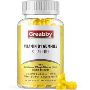 Vitamin B1 Gummies - Benfotiamine 300mg & Thiamine 100mg, Sugar-Free, Vitamin B Complex Gummies, Energy Boost & Nervous System Health for Women Men Adults, 60 Gummies