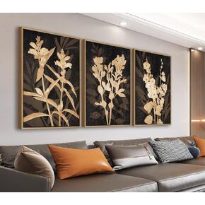Large Framed Wall Art - Natural Float Framed Rustic Brown Flower Branch Black Canvas Pictures Decor Brown Leaf Artwork Prints for Bedroom Living Room Kitchen Home Office Decoration 72" X 36" Set of 3