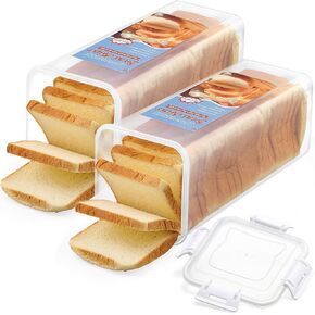 AOZITA Bread Box with Airtight Lid, Fresh Bread Storage Container, Bread Loaf Storage Dispenser, Plastic Sandwich Bread Keeper, White Lid, 2 Pack