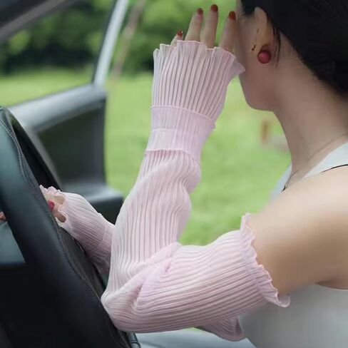 Light Thin Lace Mesh Ruched Ruffle Hem Arm Sleeve,Sun Protection Long Sleeve Arms Accessories for Outdoor Sports in Saudi Arabia