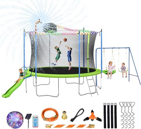 12 14FT Trampoline with Slide and Swings, ASTM Approved Large Recreational Trampoline with Basketball Hoop and Ladder,Outdoor Backyard Trampoline with Net, Capacity for 5-7 Kids and Adults in Kuwait