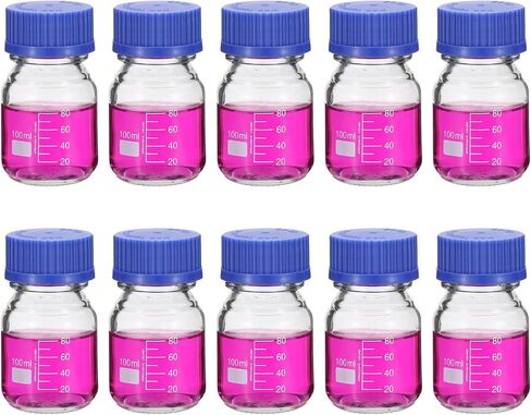 PATIKIL 10 Pack Reagent Media Storage Bottles, 100ml Borosilicate Glass Graduated Round Bottles with GL32 Blue Screw Cap for Lab Water Reagent Liquids, Clear in Saudi Arabia