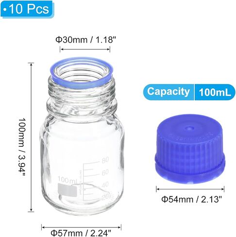 PATIKIL 10 Pack Reagent Media Storage Bottles, 100ml Borosilicate Glass Graduated Round Bottles with GL32 Blue Screw Cap for Lab Water Reagent Liquids, Clear in Saudi Arabia