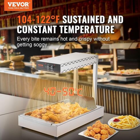 vevor الفرنسية فراي الغذاء أكثر دفئا، 750w قطاع التجاري مصباح التدفئة الغذائية، الكهربائية الفولاذ المقاوم للصدأ الاحترار محطة تفريغ الضوء، كونترتوب 104-122 درجة فهرنهايت بطاطس أكثر دفئا لمطعم مطبخ بوفيه رقاقة، الفضة in Saudi Arabia