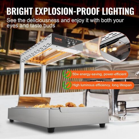vevor الفرنسية فراي الغذاء أكثر دفئا، 750w قطاع التجاري مصباح التدفئة الغذائية، الكهربائية الفولاذ المقاوم للصدأ الاحترار محطة تفريغ الضوء، كونترتوب 104-122 درجة فهرنهايت بطاطس أكثر دفئا لمطعم مطبخ بوفيه رقاقة، الفضة in Saudi Arabia