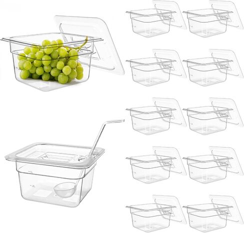 12 Pack Plastic Clear Food Pan with Lids, 1/6 Size 4'' Deep Commercial Stackable Polycarbonate Pans Hotel Food Storage Pan with 1 Pcs Spoon for Fruits Vegetables in Saudi Arabia