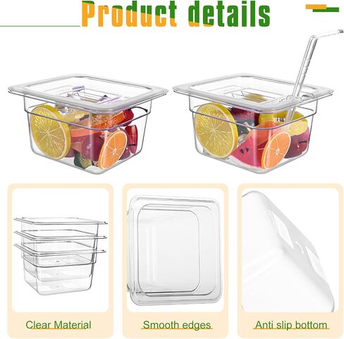 12 Pack Plastic Clear Food Pan with Lids, 1/6 Size 4'' Deep Commercial Stackable Polycarbonate Pans Hotel Food Storage Pan with 1 Pcs Spoon for Fruits Vegetables in Saudi Arabia