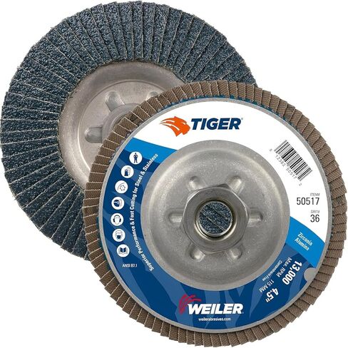 Weiler 50517 Tiger Abrasive Flap Disc, Type 29, Threaded Hole, Aluminum Backing, Zirconia Alumina, 4-1/2" Dia., 36 Grit (Pack of 10) in Saudi Arabia