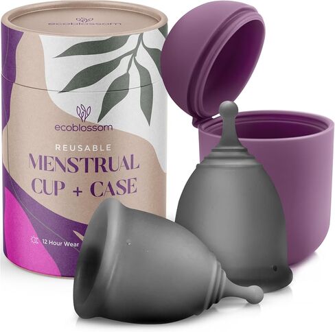 EcoBlossom Reusable Menstrual Cup and Case - The Most Reliable Medical Grade Silicone Period Cups - Comfortably use for 12 Hours (Small/Large (Pack of 2), Gray Cup & Case) in Saudi Arabia