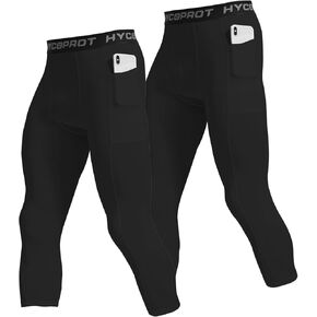HYCOPROT Men's 3/4 Compression Pants with Pockets Running Workout Athletic Tights Capri Leggings Base Layer Basketball Gym