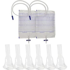 6 Pcs External Catheter for Men Self Adhering Style Silica Gel Condom Catheter 2 Pcs 2000ml Urine Bags（29mm)
