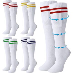 Chuarry 4 Pairs Compression Striped Socks for Women 15-20 mmhg Athletic White Knee High Stockings with Retro Colorful Stripes Cotton Support Long Socks for Sports Gym Trainning Running Hiking