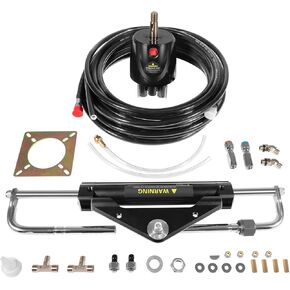 150HP Hydraulic Outboard Steering Kit - 6.9 Mpa/1000 psi Working Pressure, 409.7 kgf Output Force, Complete Boat Marine System for Singlem Built-in 2-Way Lock Cylinder, 150 HP Helm Pump, 26ft Hose