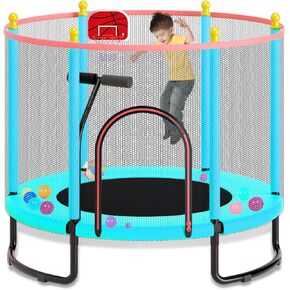 60" Trampoline for Kids Toddler Trampoline with T-Handrail, 5FT Recreational Trampoline Indoor Outdoor Trampoline with Basketball Hoop, Ocean Ball, Mini Trampoline for Children Birthday