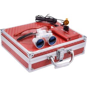 BONEW-Oral 2.5X 420MM Surgical Binocular Loupe Magnifier + 3W Clip On Head Lamp with Filter+ Aluminum Box (Red)