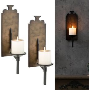 Wall Sconce Candle Holder Set of 2, Black Metal and Wooden Wall Candle Holder, Home Wall Decoration for Living Room, Bathroom, Dining Room