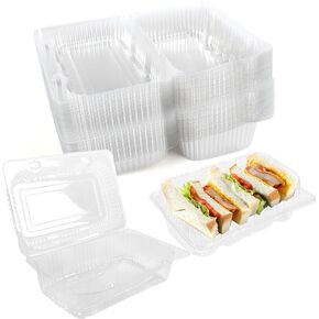 50 Pcs Disposable Sturdy Plastic Hinged Food Containers with Clear Lids, Clamshell Take Out Loaf Containers, Clear To Go Box Cake Slice Salad Pastry Sandwich Container(7.2'' x 4.8'' x 2.8'')