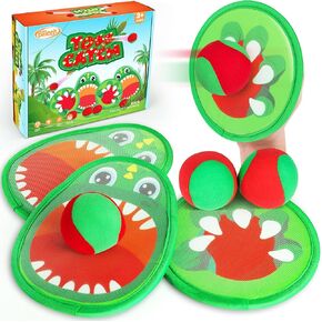 Dinosaur Toss and Catch Ball Set, Catch Game Toys, Outdoor Toys for Kids 3+ 4 5 6 7 8, Backyard Lawn Games Pool Beach Toys with 4 Rackets, 4 Balls, 1 Drawstring Bag