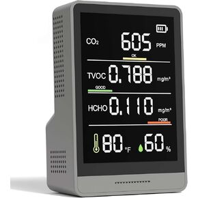 XOOPON Professional Air Quality Monitor Indoor C02 Monitor Temperature Humidity TVOC HCHO Detector for Home Office or School Battery Powered Portable Air Quality Tester (Grey)
