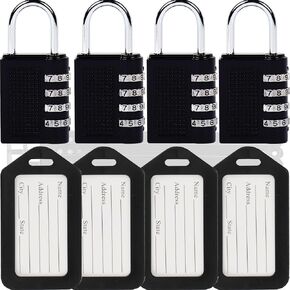 Pro-Grade Combination Lock with Luggage Tags Heavy-Duty Zinc Alloy Body 4-Digit Resettable Code Perfect for Luggage, Gym Lockers, and Home Security 4 Pack Black