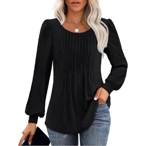 Long Sleeve Shirts For Women Fall Fashion 2024 Womens Tunic Tops Pleated Crew Neck Puff Sleeve Blouses Dressy Casual