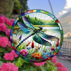 Dragonfly Stained Acrylic Window Hanging Panels Indoor Outdoor Round Windows Hanger Kitchen Bedroom Garden Wall Art Decor Gifts for Women Mom Grandma Teacher