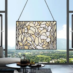 YOURANJU Stained Glass Window Hanging Handicraft Creamy White Flower Rectangular Glass Window Panel 16"X11" Tiffany Style Window Suncatcher Perfect Window Hangings Housewarming Gift (With Chain Hook)