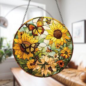 11.8 Inches Sunflowers Butterflies Acrylic Window Hanging Decor Stained Glass Panels Yellow Flowers Wall Art Mural Suncatcher for Bedroom Garden Wall Decoration Gift for Mom Grandma Teacher in Saudi Arabia