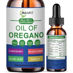 Pure Vegan Oregano Oil Liquid Drops - High Absorption Oil of Oregano with Black Seed Oil, Elderberry, Olive Leaf & Garlic for Immune Support & Digestive Health, Non-GMO, Alcohol-Free
