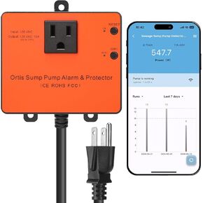 Sump Pump Monitor, Ortis Sewage Pump Detection WiFi Alarm for Real-Time Pump Status Monitoring with Overload, Float Switch Jam, and Power Outage Alerts, Compatible with 1/6HP to 2HP Pumps