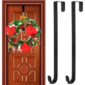 2 Pack Front Door Wreath Hanger Hook Metal 15 Inch Over The Door Hook for Christmas and Party Decoration, Hanging Clothing, Towels, Wreaths, Bags (Black)