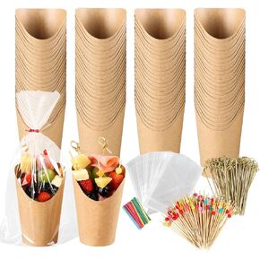 100pcs 12oz Charcuterie Cups, 200pcs Cocktail Skewers + 100pcs Bags, Disposable Charcuterie Cups with Sticks, Individual Charcuterie Cups, Brown Paper Snack Cups for French Fry,Appetizer in Saudi Arabia
