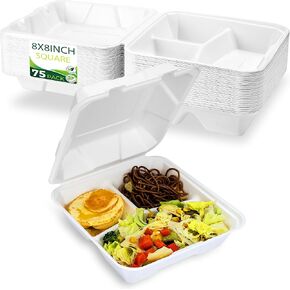 75 Pack Take Out Containers (single Compartment - 9"x6"), Heavy Duty Disposable To Go Boxes with Lids, 100% Composatble Made of Plant Fiber (Single Compartment - 8"x8")