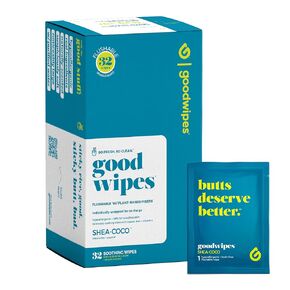 Goodwipes Flushable Butt Wipes – Soothing Botanicals & Aloe – Soft & Gentle Individually Wrapped Wet Wipes for On-the-Go & Travel Use – Largest Adult Toilet Wipes – Shea-Coco, 1 pack, 32 count