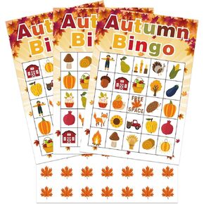 FaCraft Autumn Bingo Cards for Kids Adults,26 Player Fall Festival Bingo Games Card for Thanksgiving Party Games Favors Supplies,Family Activities,School Classroom