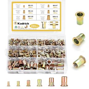 Kadrick Rivet Nut Kit, 250pcs Metric Rivet Nut Assortment Kit Galvanized Carbon Steel Flat Head Threaded Insert Nuts, Sizes M3 M4 M5 M6 M8 M10