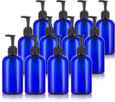 زجاجات JUVITUS Cobalt Blue 8 أونصة بوسطن البلاستيكية المستديرة PET (خالية من BPA) مع مضخة غسول سوداء (12 عبوة) in Saudi Arabia